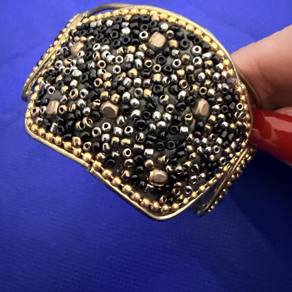 Gold Tone Black Beaded Wide Cuff Bracelet Womens Open Band Boho Statement
